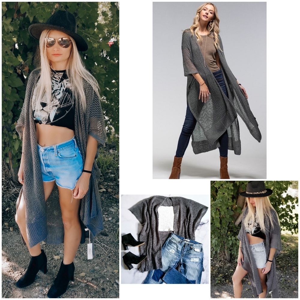 1 LEFT! NEW Open Knit Kimono Cardigan in Charcoal Dark Grey